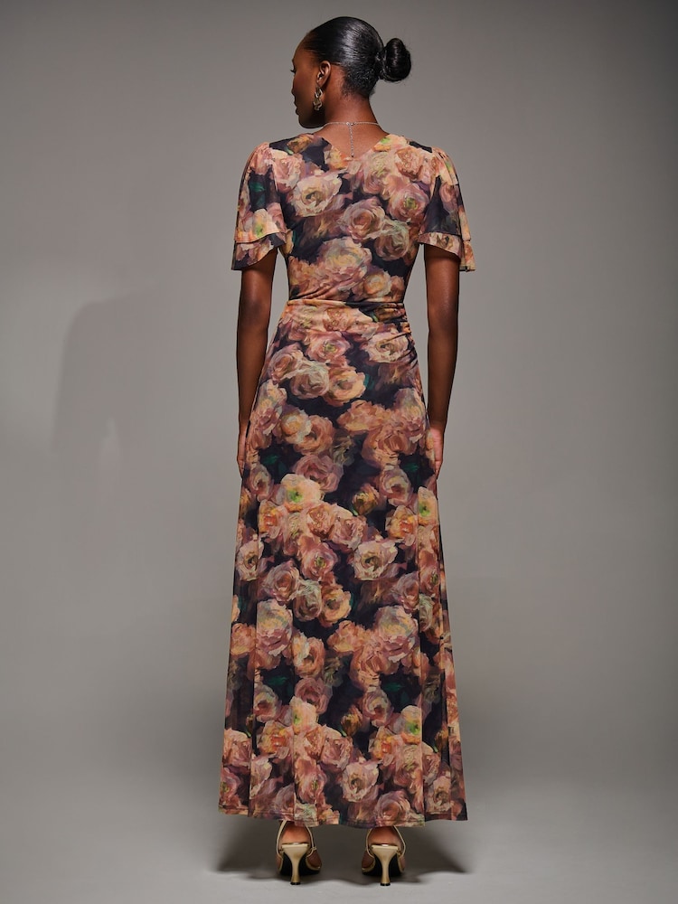 Jolie Moi Orange Angel Sleeve Draped Mesh Maxi Dress - Image 2 of 6