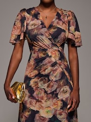 Jolie Moi Orange Angel Sleeve Draped Mesh Maxi Dress - Image 3 of 6