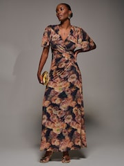 Jolie Moi Orange Angel Sleeve Draped Mesh Maxi Dress - Image 4 of 6