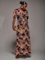 Jolie Moi Orange Angel Sleeve Draped Mesh Maxi Dress - Image 5 of 6