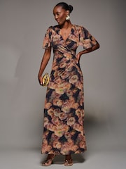 Jolie Moi Orange Angel Sleeve Draped Mesh Maxi Dress - Image 6 of 6