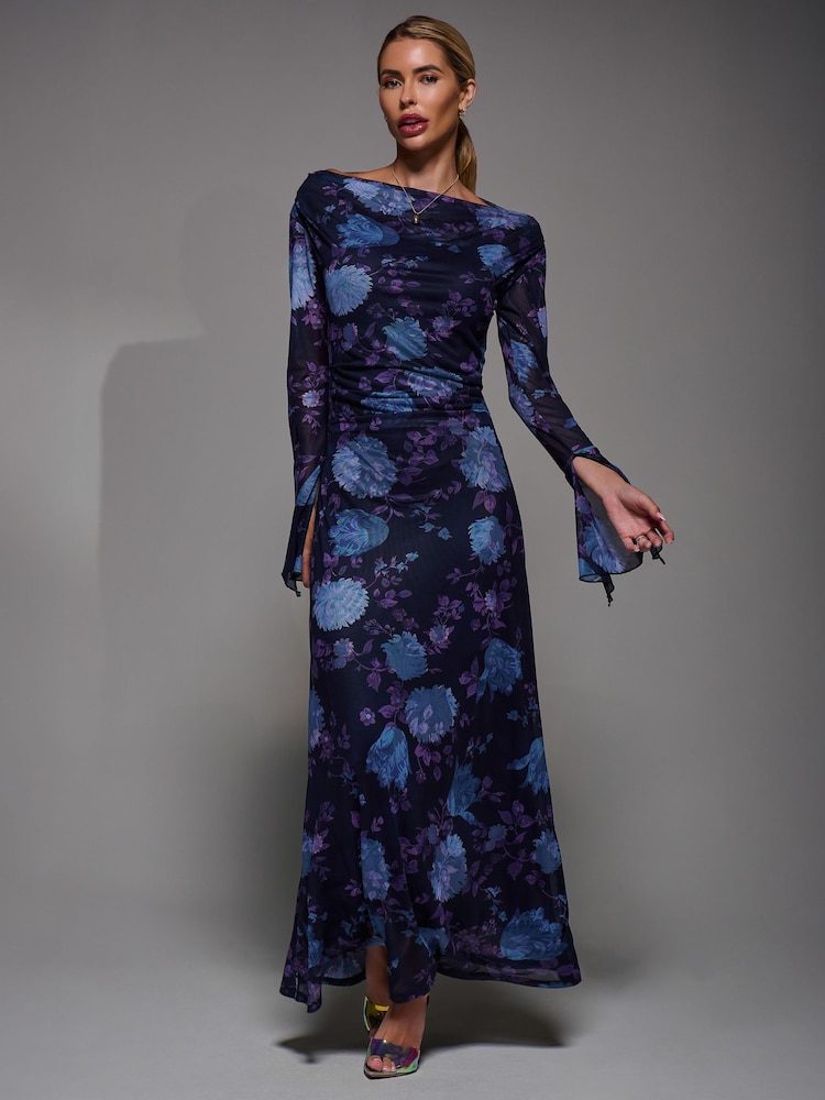 Jolie Moi Purple Long Sleeve Slash Neck Maxi Dress - Image 1 of 6