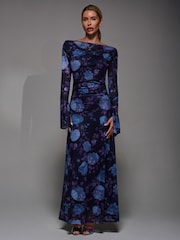 Jolie Moi Purple Long Sleeve Slash Neck Maxi Dress - Image 4 of 6