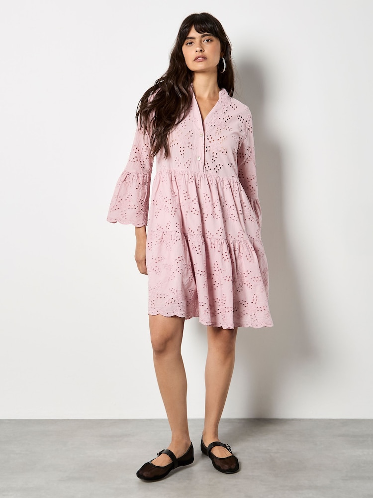 Apricot Pink Broderie Anglaise Tiered Dress - Image 1 of 4 Apricot Pink Broderie Anglaise Tiered Dress - Image 1 of 4