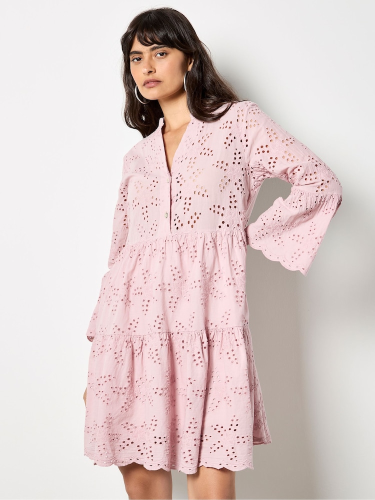 Apricot Pink Broderie Anglaise Tiered Dress - Image 2 of 4 Apricot Pink Broderie Anglaise Tiered Dress - Image 2 of 4