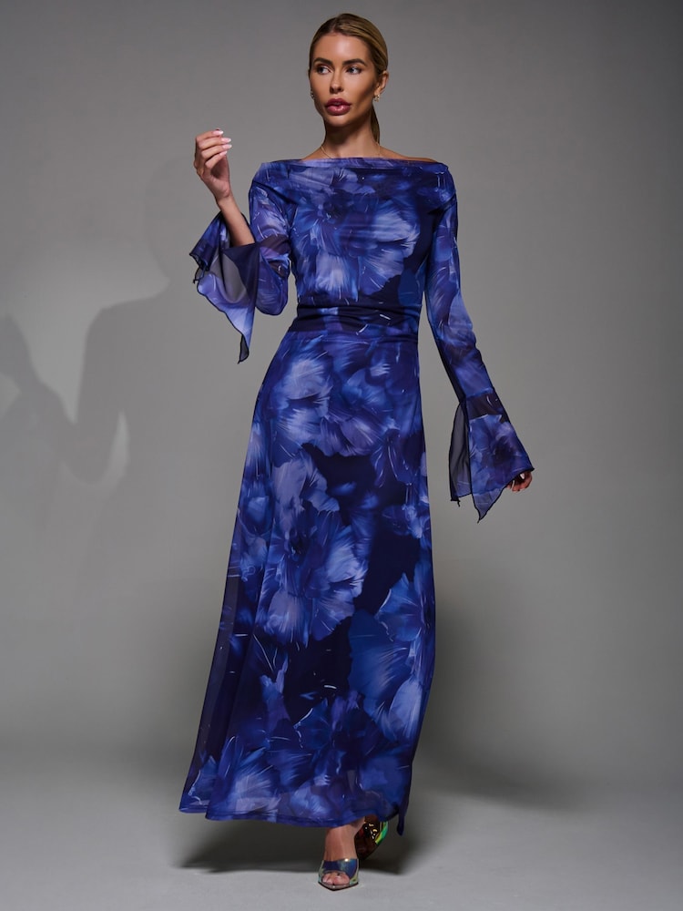 Jolie Moi Blue Long Sleeve Slash Neck Maxi Dress - Image 6 of 6
