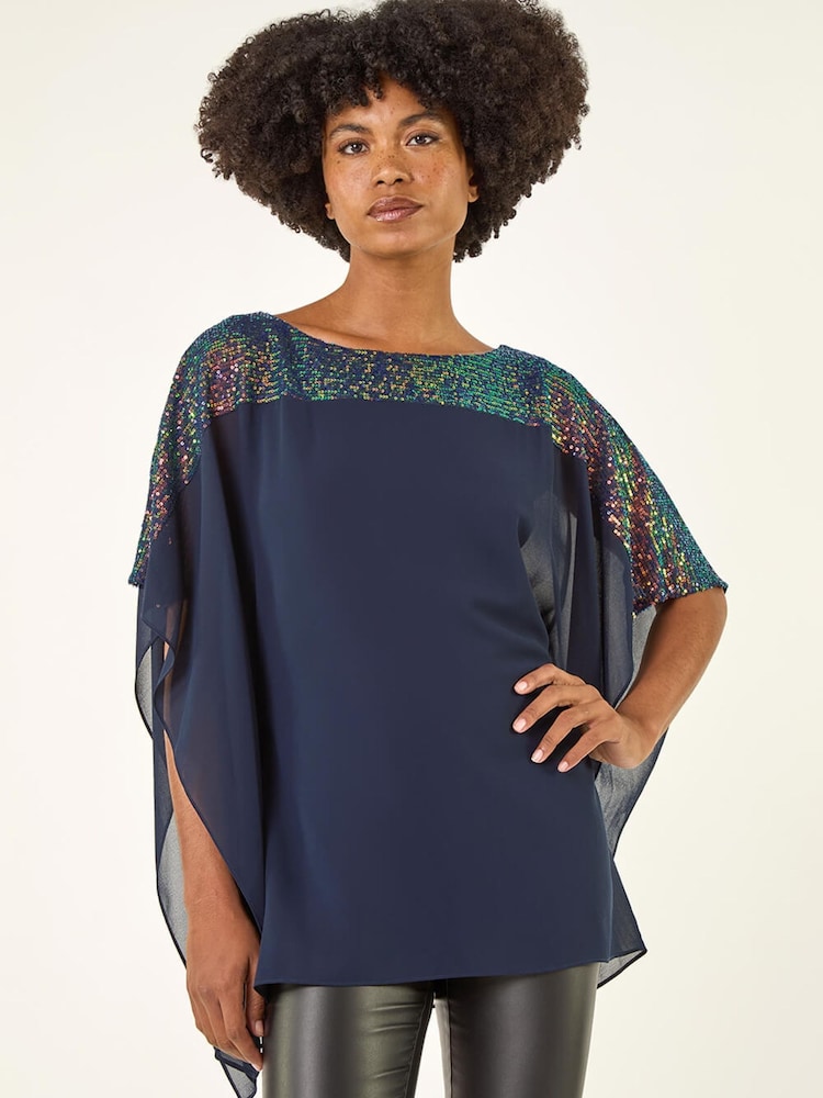 Roman Blue Sequin Yoke Contrast Chiffon Tunic Top - Image 1 of 5
