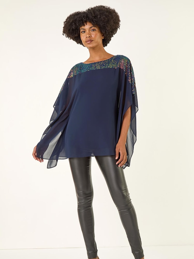 Roman Blue Sequin Yoke Contrast Chiffon Tunic Top - Image 2 of 5