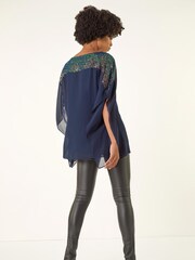 Roman Blue Sequin Yoke Contrast Chiffon Tunic Top - Image 3 of 5