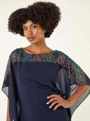 Roman Blue Sequin Yoke Contrast Chiffon Tunic Top - Image 4 of 5