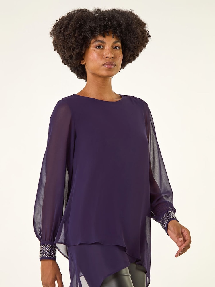 Roman Purple Embellished Detail Layered Tunic Top - Image 1 of 5 Roman Purple Embellished Detail Layered Tunic Top - Image 1 of 5