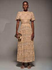 Jolie Moi Natural Puffy Sleeve Printed Mesh Maxi Dress - Image 1 of 6