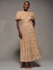 Jolie Moi Natural Puffy Sleeve Printed Mesh Maxi Dress - Image 2 of 6