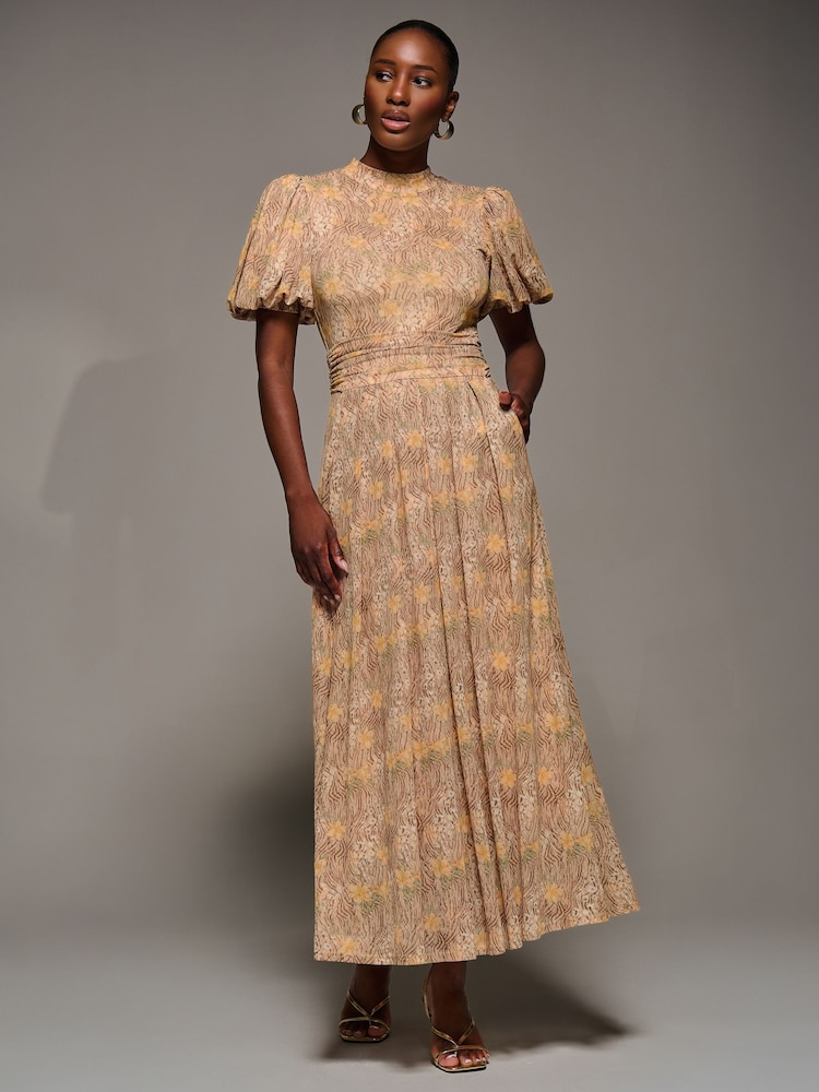 Jolie Moi Natural Puffy Sleeve Printed Mesh Maxi Dress - Image 2 of 6 Jolie Moi Natural Puffy Sleeve Printed Mesh Maxi Dress - Image 2 of 6