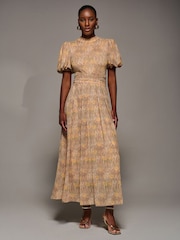 Jolie Moi Natural Puffy Sleeve Printed Mesh Maxi Dress - Image 3 of 6