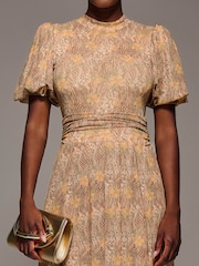 Jolie Moi Natural Puffy Sleeve Printed Mesh Maxi Dress - Image 4 of 6