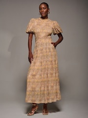 Jolie Moi Natural Puffy Sleeve Printed Mesh Maxi Dress - Image 5 of 6
