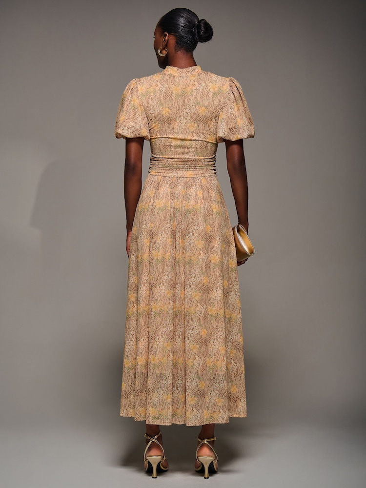 Jolie Moi Natural Puffy Sleeve Printed Mesh Maxi Dress - Image 6 of 6
