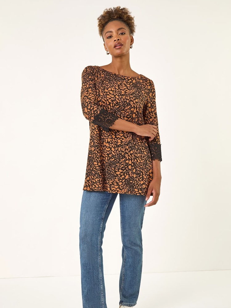 Roman Orange Lace Cuff Printed Stretch Tunic Top - Image 1 of 5 Roman Orange Lace Cuff Printed Stretch Tunic Top - Image 1 of 5