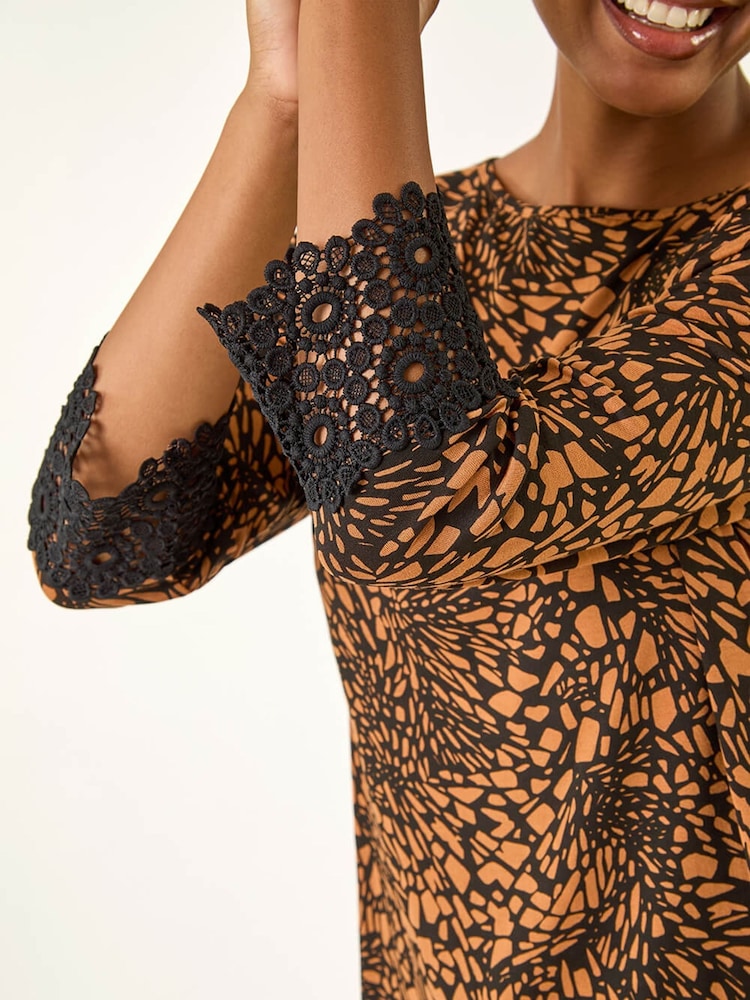 Roman Orange Lace Cuff Printed Stretch Tunic Top - Image 5 of 5 Roman Orange Lace Cuff Printed Stretch Tunic Top - Image 5 of 5