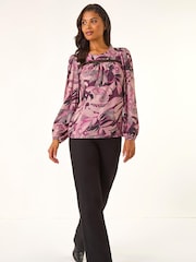 Roman Pink Printed Trim Stretch Blouse - Image 1 of 5