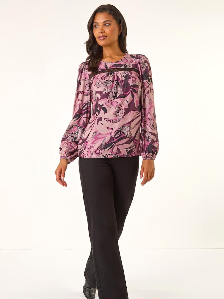 Roman Pink Printed Trim Stretch Blouse - Image 1 of 5 Roman Pink Printed Trim Stretch Blouse - Image 1 of 5
