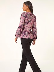 Roman Pink Printed Trim Stretch Blouse - Image 2 of 5