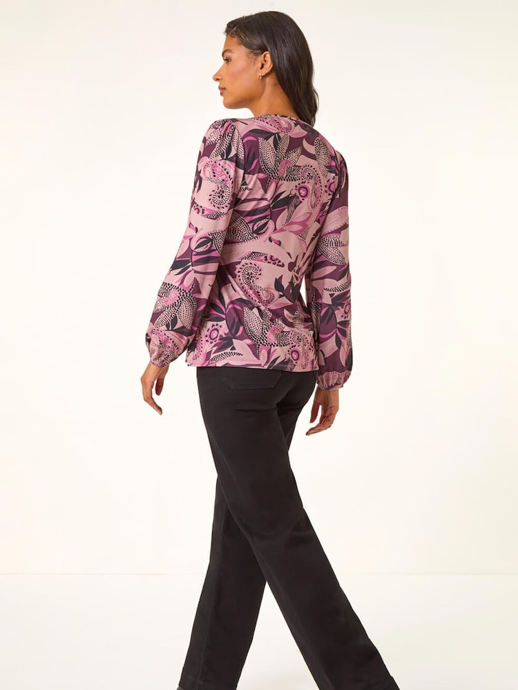 Roman Pink Printed Trim Stretch Blouse - Image 2 of 5 Roman Pink Printed Trim Stretch Blouse - Image 2 of 5