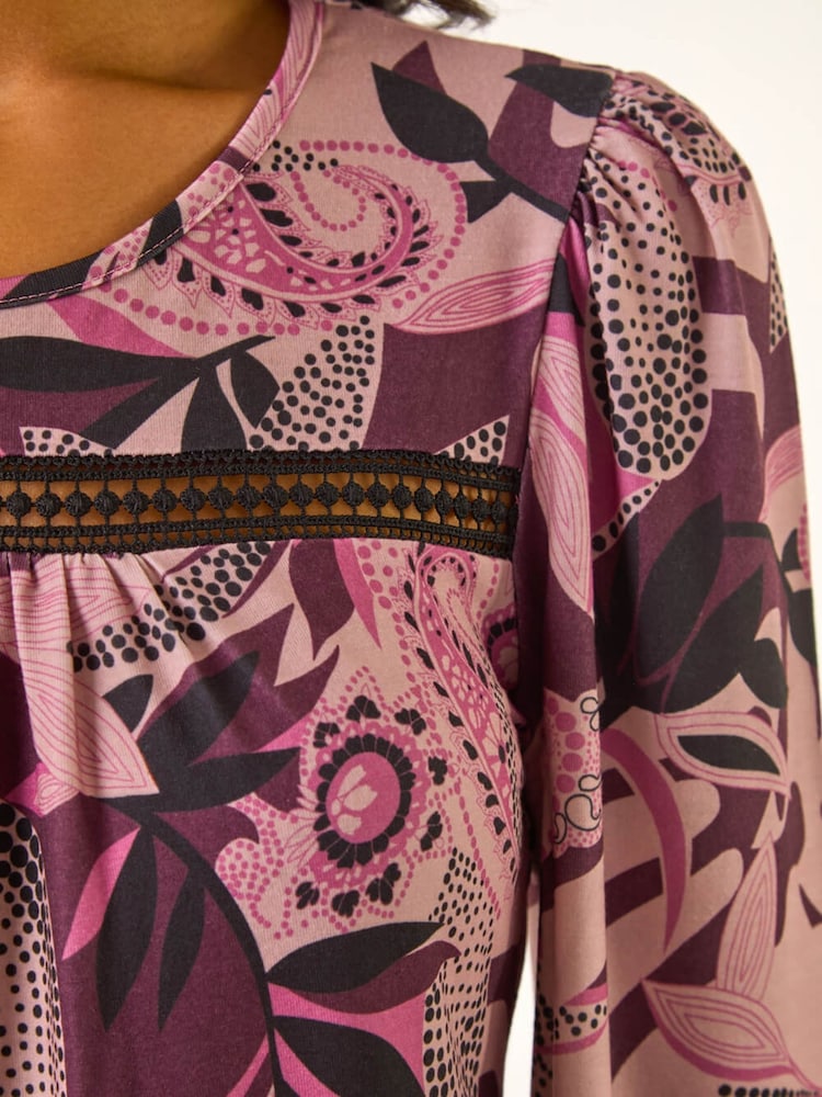Roman Pink Printed Trim Stretch Blouse - Image 5 of 5 Roman Pink Printed Trim Stretch Blouse - Image 5 of 5