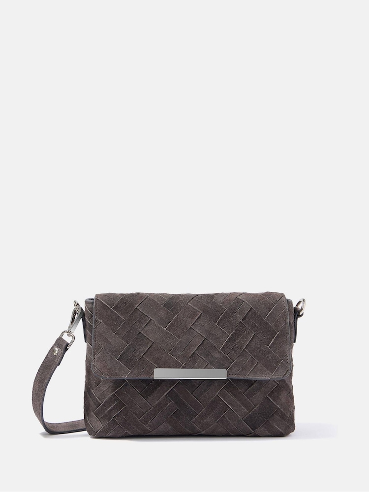 Mint Velvet Grey Lara Grey Woven Suede Cross Body Bag - Image 1 of 5 Mint Velvet Grey Lara Grey Woven Suede Cross Body Bag - Image 1 of 5