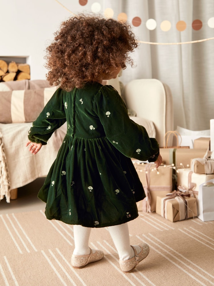 Mamas & Papas Green Embroidered Velvet Dress - Image 2 of 8 Mamas & Papas Green Embroidered Velvet Dress - Image 2 of 8