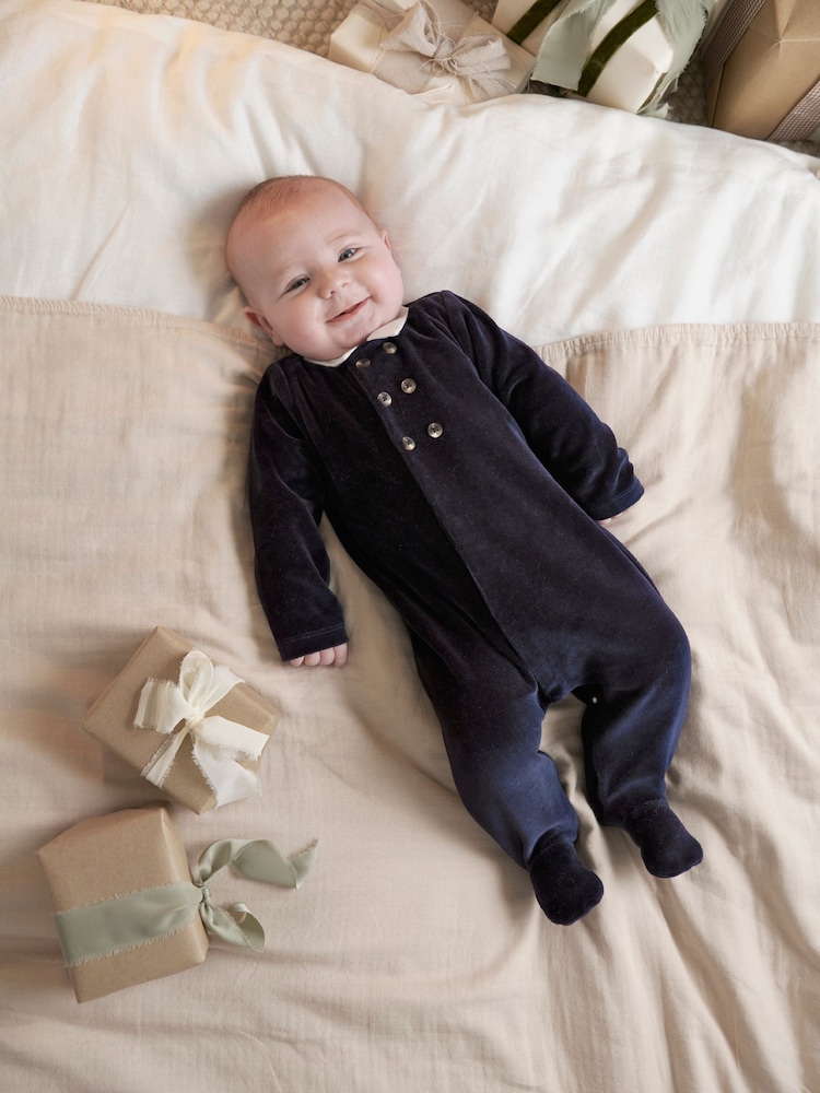 Mamas & Papas Blue Velour Sleepsuit - Image 2 of 5 Mamas & Papas Blue Velour Sleepsuit - Image 2 of 5