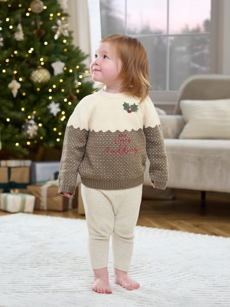 Mamas & Papas My Little Pudding Christmas Brown Jumper - Image 2 of 8