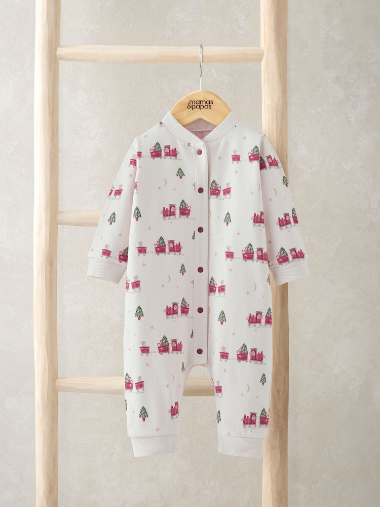 Mamas & Papas Train Print Christmas Cream Romper - Image 1 of 2