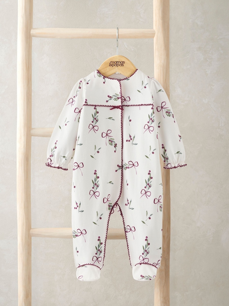 Mamas & Papas Winter Berry Print Christmas White Sleepsuit - Image 1 of 3 Mamas & Papas Winter Berry Print Christmas White Sleepsuit - Image 1 of 3