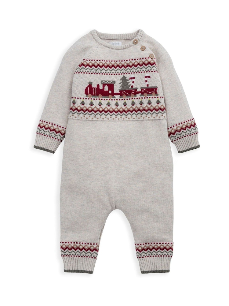 Mamas & Papas Cream Christmas Train Knitted Romper - Image 1 of 3 Mamas & Papas Cream Christmas Train Knitted Romper - Image 1 of 3