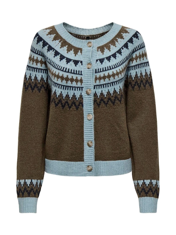 ONLY Grey Round Neck Fair Isle Pattern Button Through Cardigan - Image 1 of 2