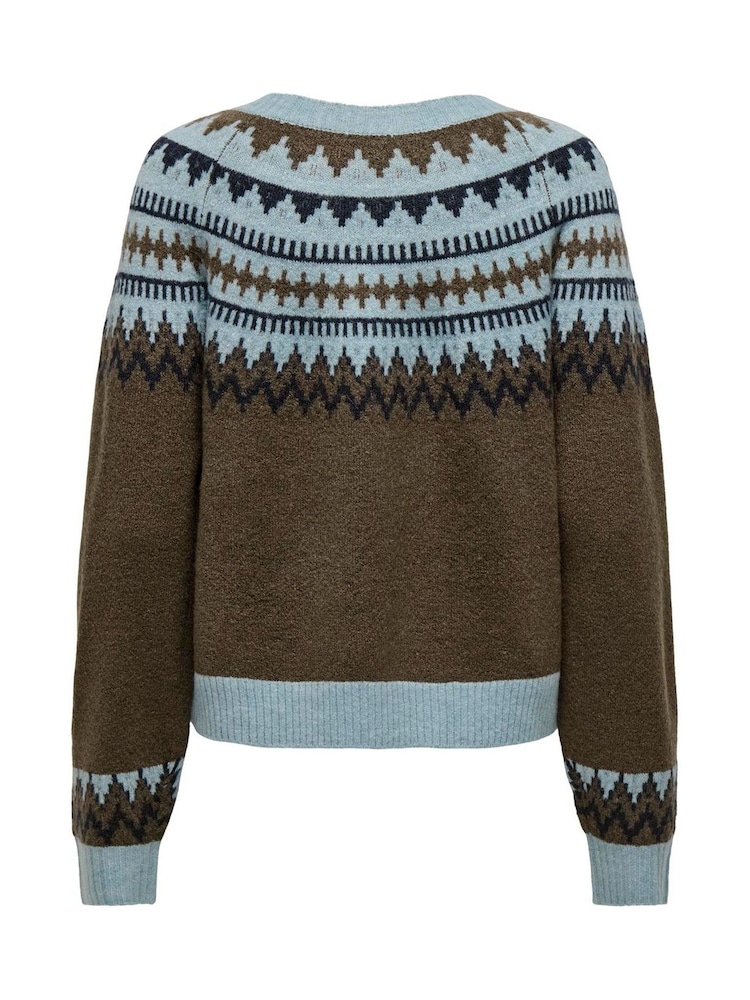 ONLY Grey Round Neck Fair Isle Pattern Button Through Cardigan - Image 2 of 2 ONLY Grey Round Neck Fair Isle Pattern Button Through Cardigan - Image 2 of 2
