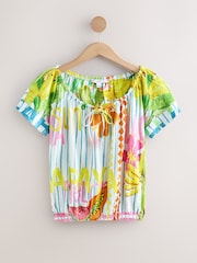 Stripe Tropical Print Short Sleeve Bubblehem Scoop Neck T-Shirt - Image 1 of 3