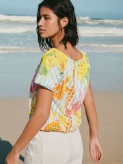 Stripe Tropical Print Short Sleeve Bubblehem Scoop Neck T-Shirt - Image 4 of 8