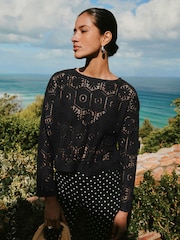 Black Crochet Long Sleeve Top - Image 1 of 3