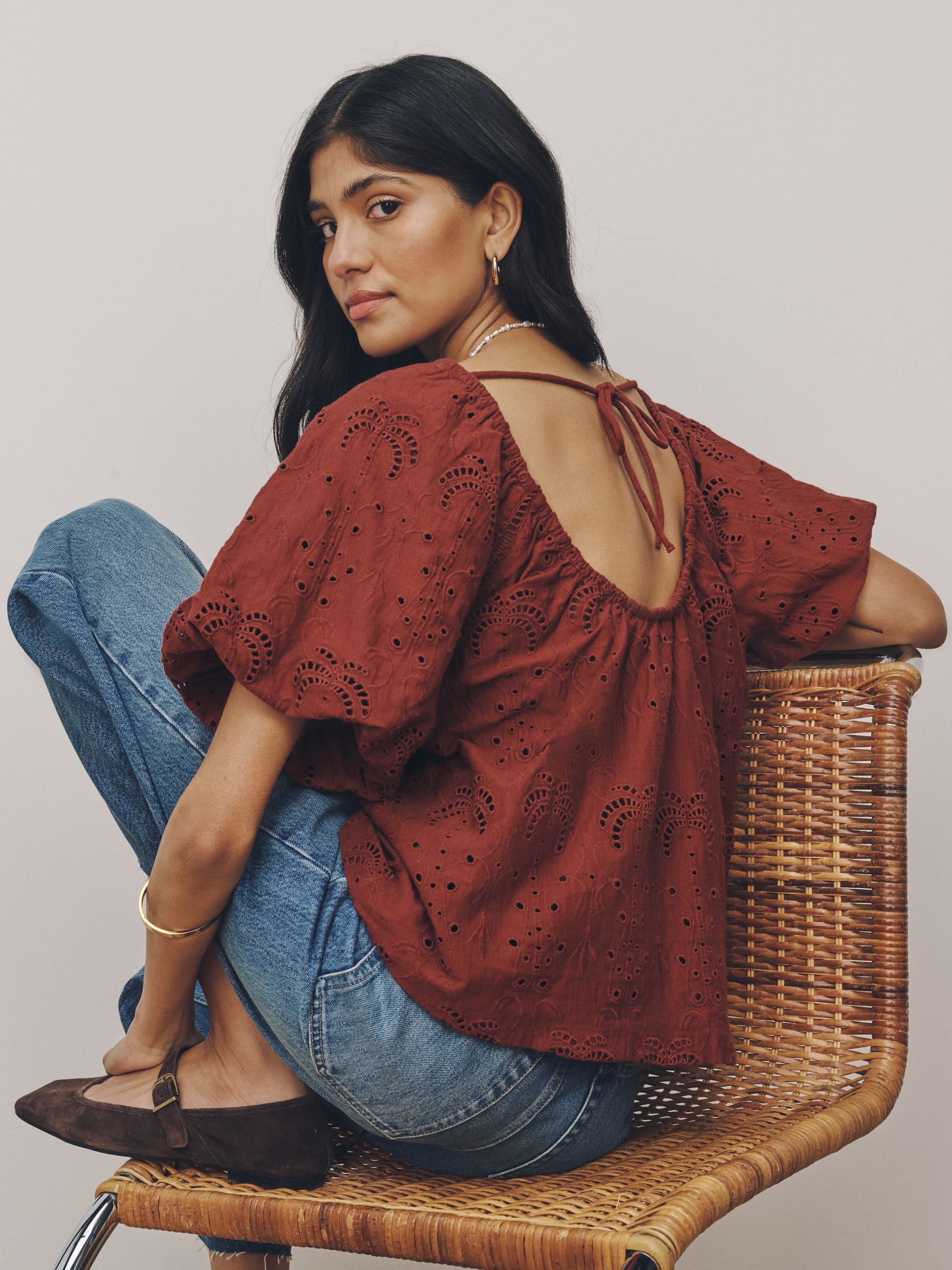 Buy Rust Red Broderie Volume Sleeve Tie Back Top from Next USA