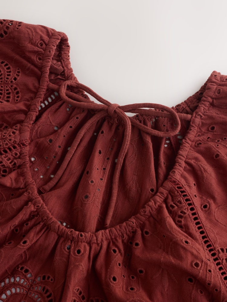 Rust Broderie Short Sleeve Crew Neck Top - Image 3 of 3 Rust Broderie Short Sleeve Crew Neck Top - Image 3 of 3