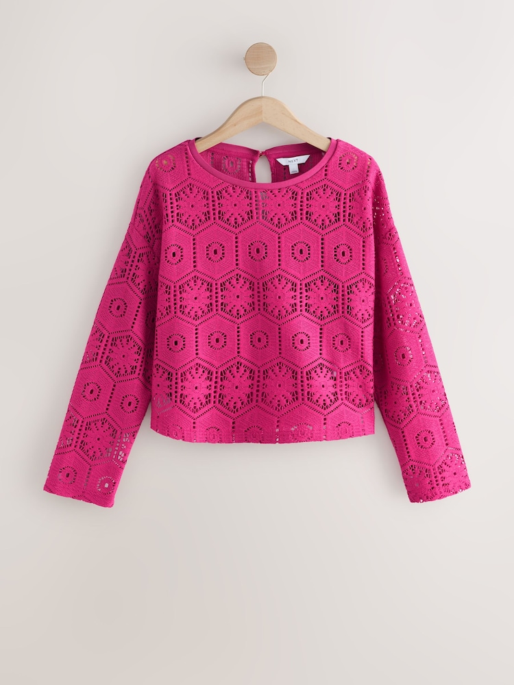 Pink Crochet Long Sleeve Top - Image 1 of 3 Pink Crochet Long Sleeve Top - Image 1 of 3