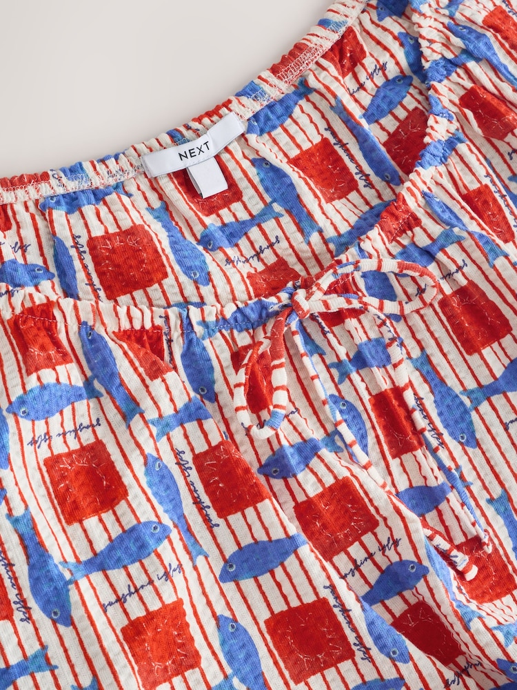 Red/Blue Fish Print Short Sleeve Bubblehem Scoop Neck T-Shirt - Image 7 of 7 Red/Blue Fish Print Short Sleeve Bubblehem Scoop Neck T-Shirt - Image 7 of 7