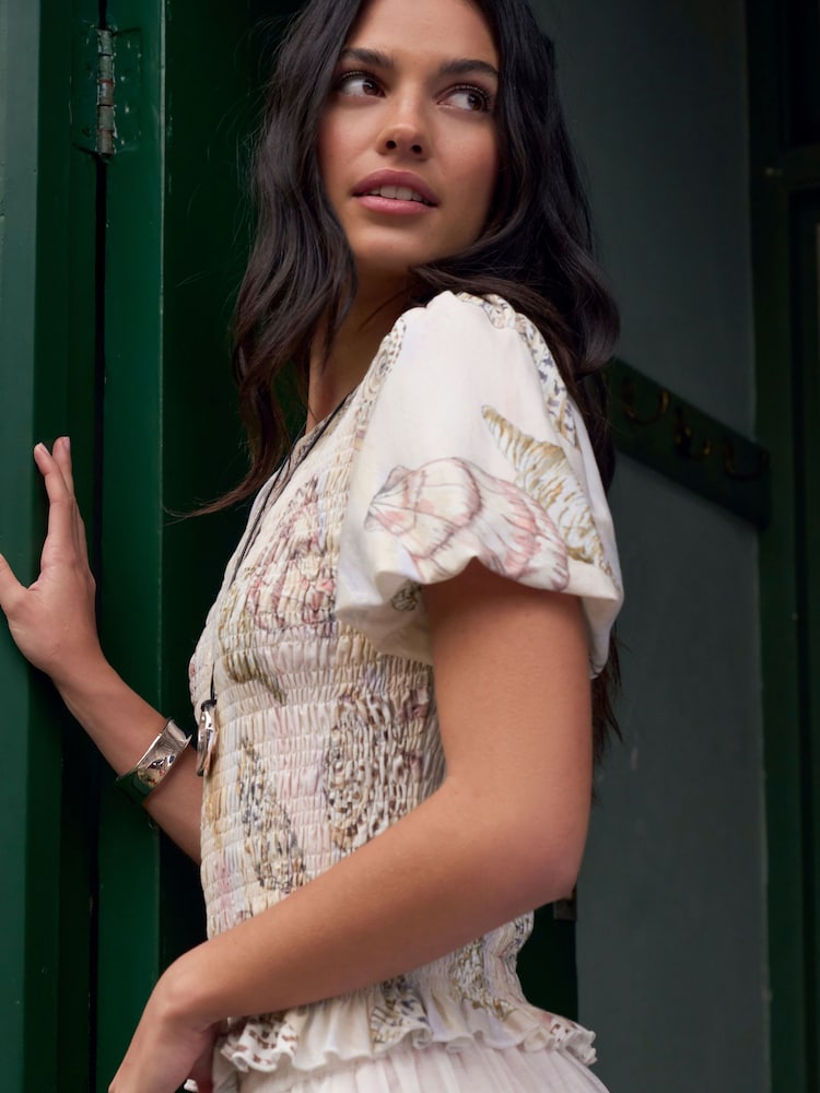 National Trust Pink Shell Print Shirred Short Sleeve T-Shirt - Image 1 of 10