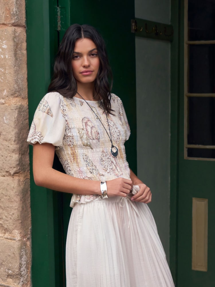 National Trust Pink Shell Print Shirred Short Sleeve T-Shirt - Image 2 of 10