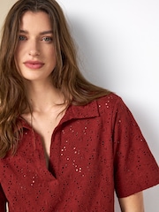 Red Broderie Short Sleeve Polo Top - Image 1 of 8