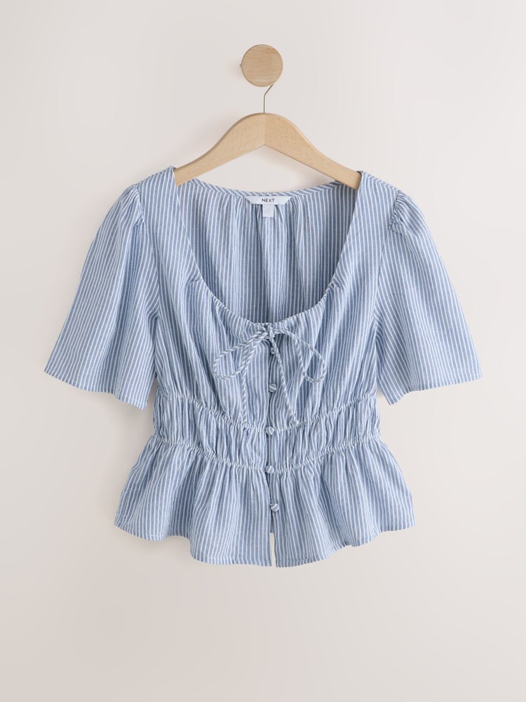 Blue/White Stripe Tie Front Short Sleeve Blouse - Image 1 of 3