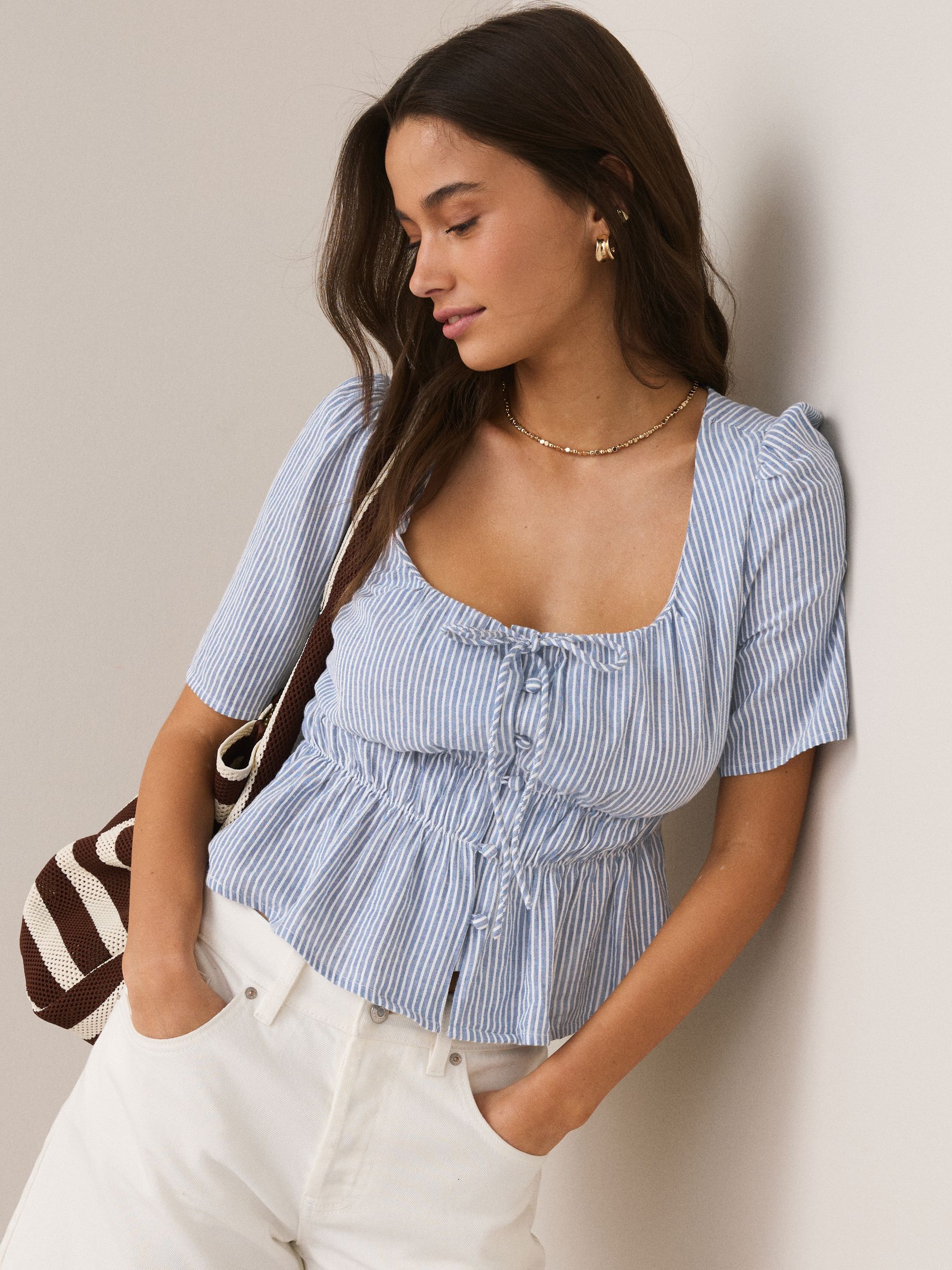 Buy Blue/White Stripe Tie Front Short Sleeve Blouse from Next USA